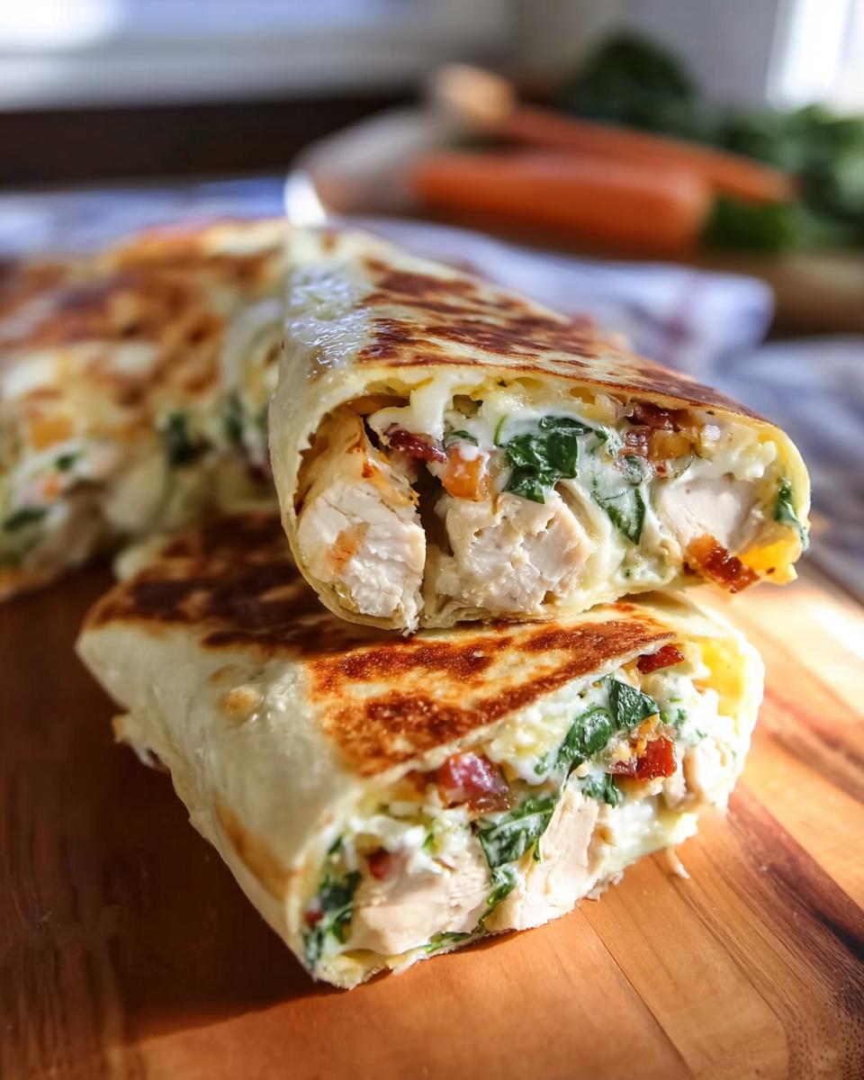 A close-up of a Crispy Chicken Bacon Wrap cut in half, revealing tender chicken, crispy bacon, and fresh greens.