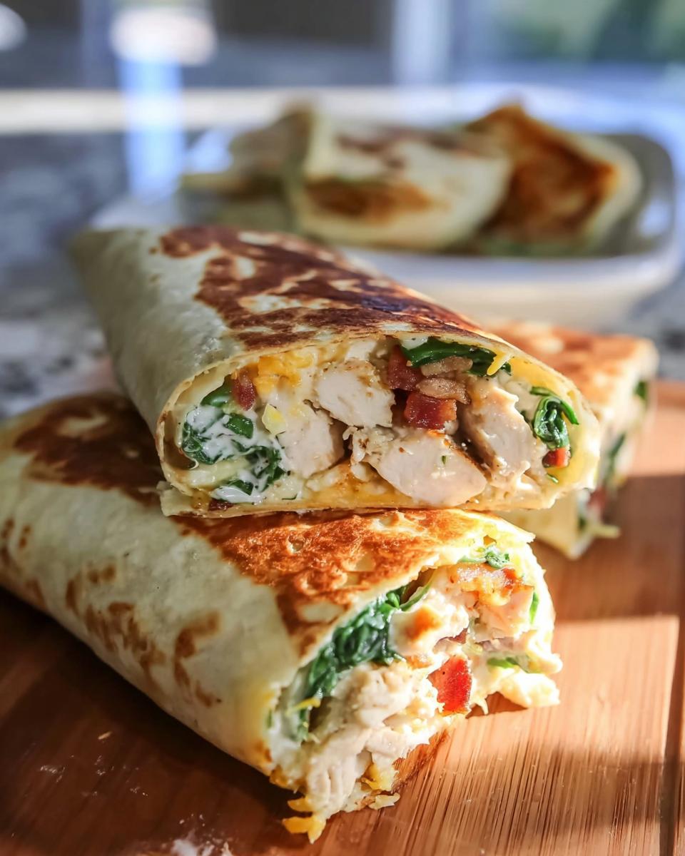 A delicious Crispy Chicken Bacon Wrap, cut in half to reveal tender chicken, crispy bacon, fresh spinach, and melted cheese.