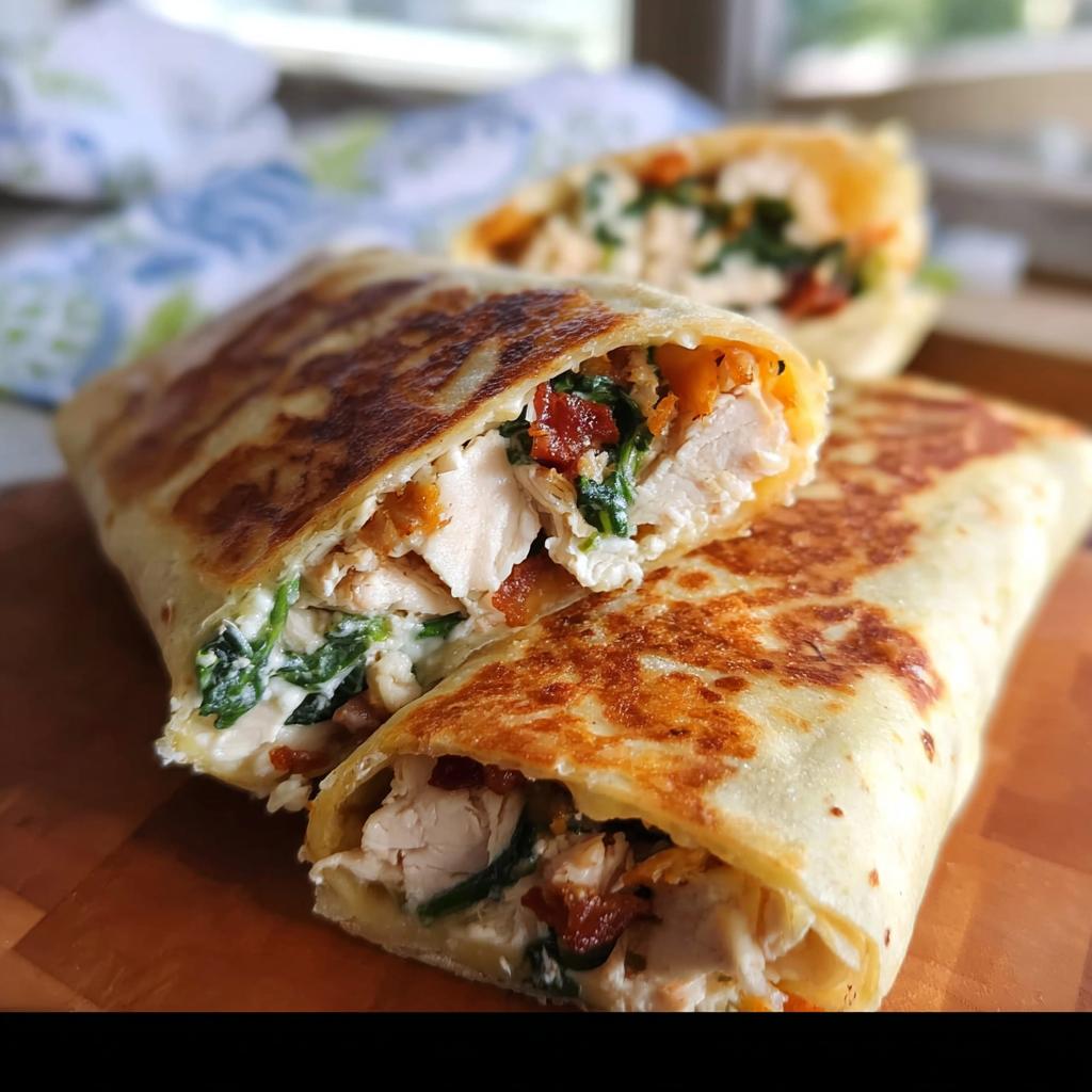 A close-up of a Crispy Chicken Bacon Wrap cut in half, revealing tender chicken, spinach, and bacon filling.