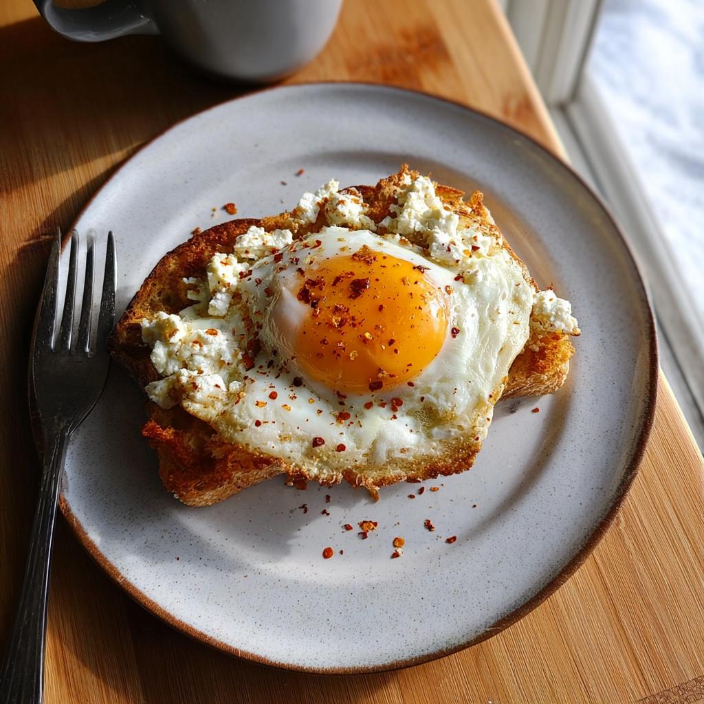 A perfectly fried egg with a runny yolk sits atop toast, crumbled feta cheese, and chili flakes. Crispy Feta Fried Eggs.