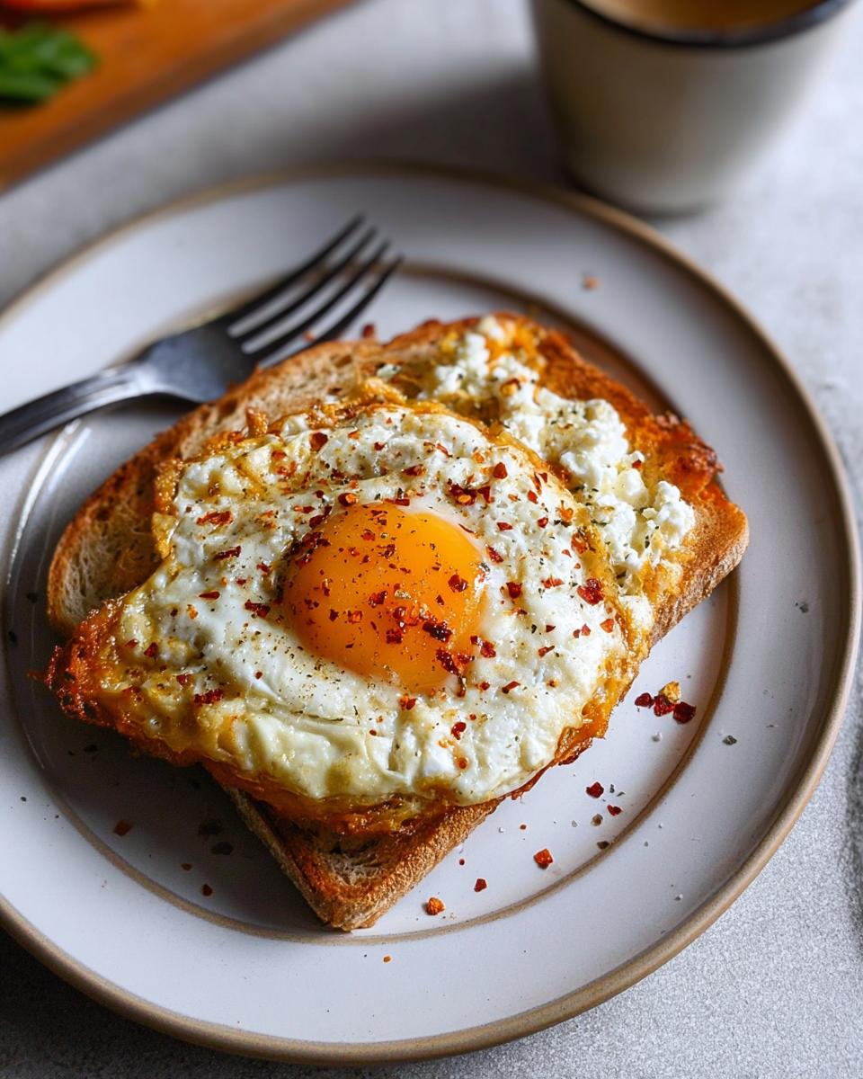 A perfectly fried egg with a runny yolk sits atop crispy feta cheese and toast, sprinkled with red pepper flakes.