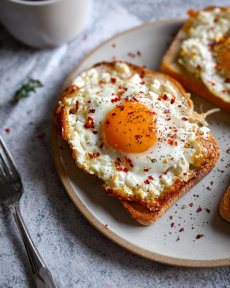 A perfectly fried egg with a runny yolk sits atop crispy feta cheese and toasted bread, sprinkled with chili flakes.