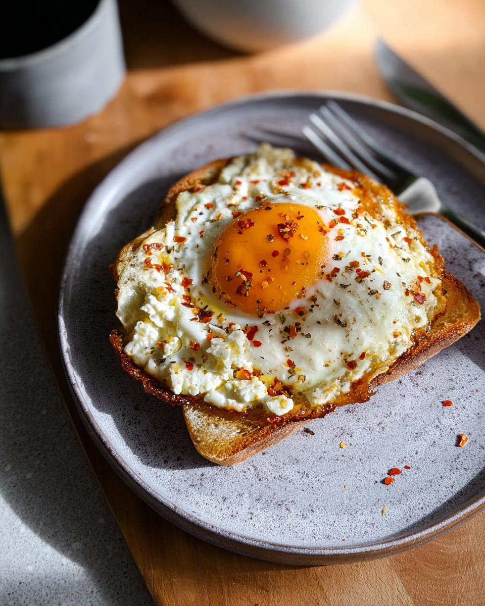 A close-up of crispy feta fried eggs served on a piece of toast, sprinkled with chili flakes and herbs.