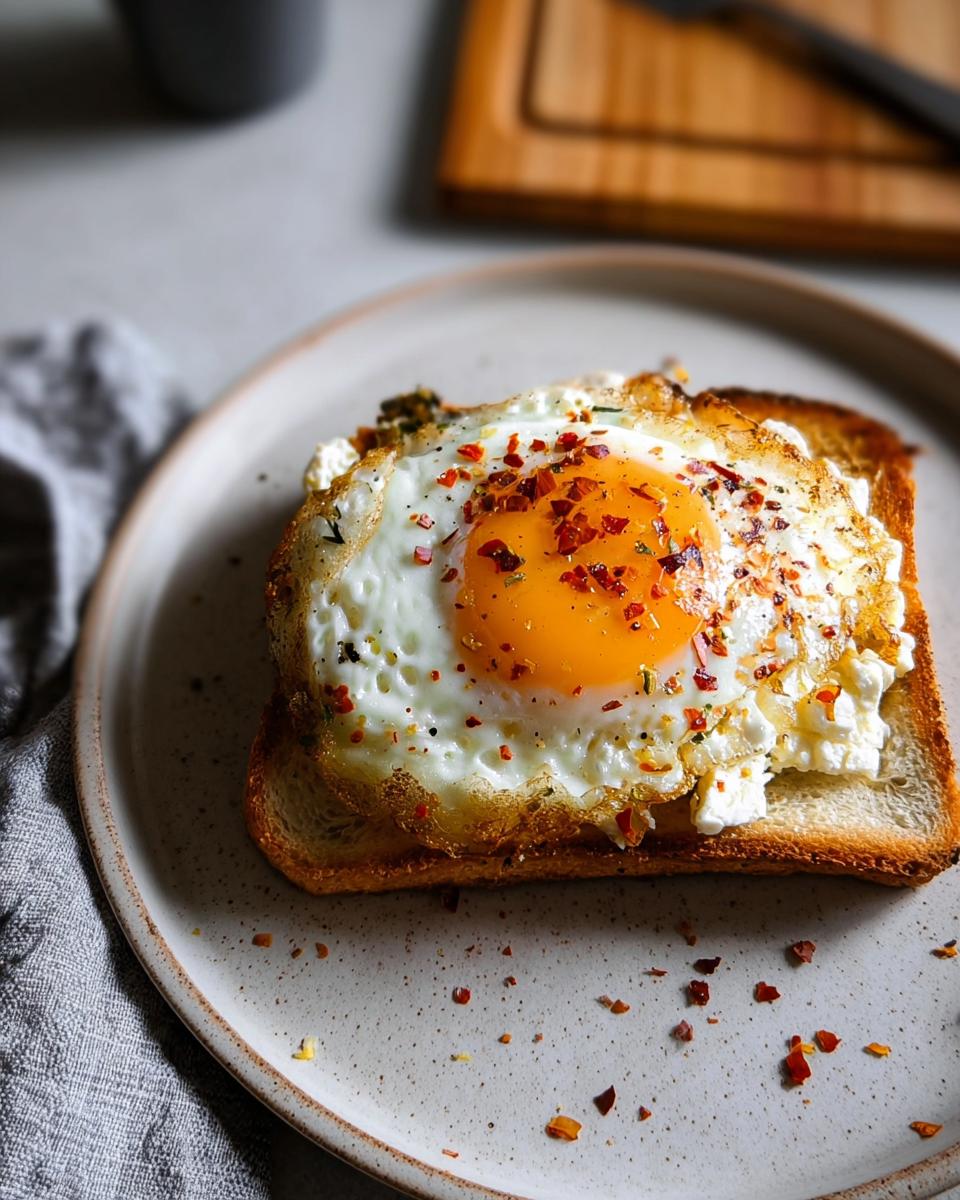 A close-up of crispy feta fried eggs served on toast, sprinkled with red pepper flakes.