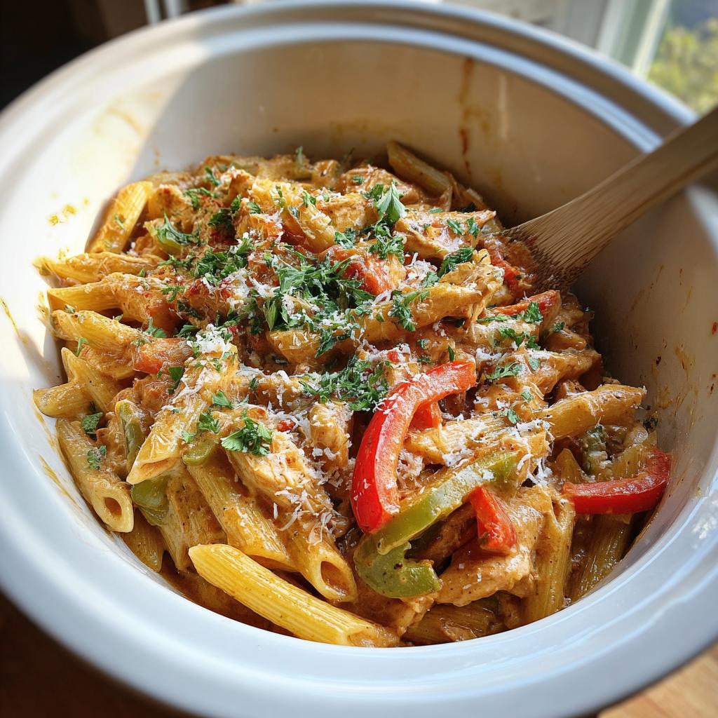 Close-up of Crock Pot Creamy Cajun Chicken Pasta with penne, chicken, bell peppers, and parsley.