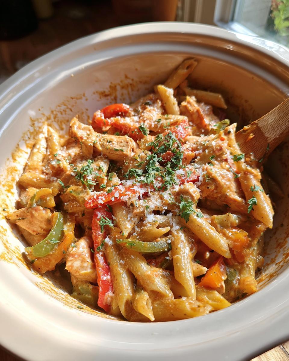 A close-up of Crock Pot Creamy Cajun Chicken Pasta with penne, chicken, and bell peppers in a creamy sauce, topped with parsley and Parmesan.