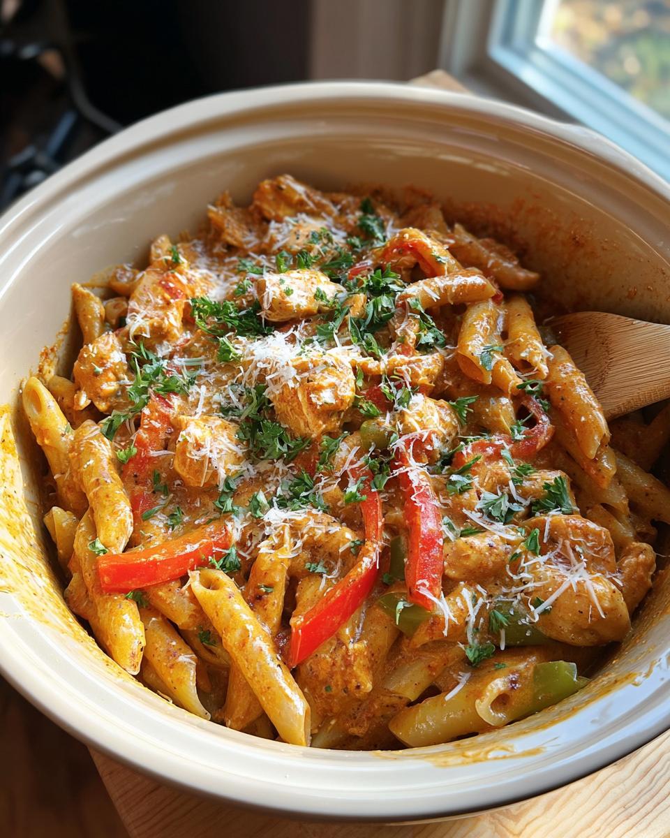 A close-up of Crock Pot Creamy Cajun Chicken Pasta, featuring penne pasta, chicken chunks, red and green bell peppers, and a creamy sauce, garnished with parsley and cheese.