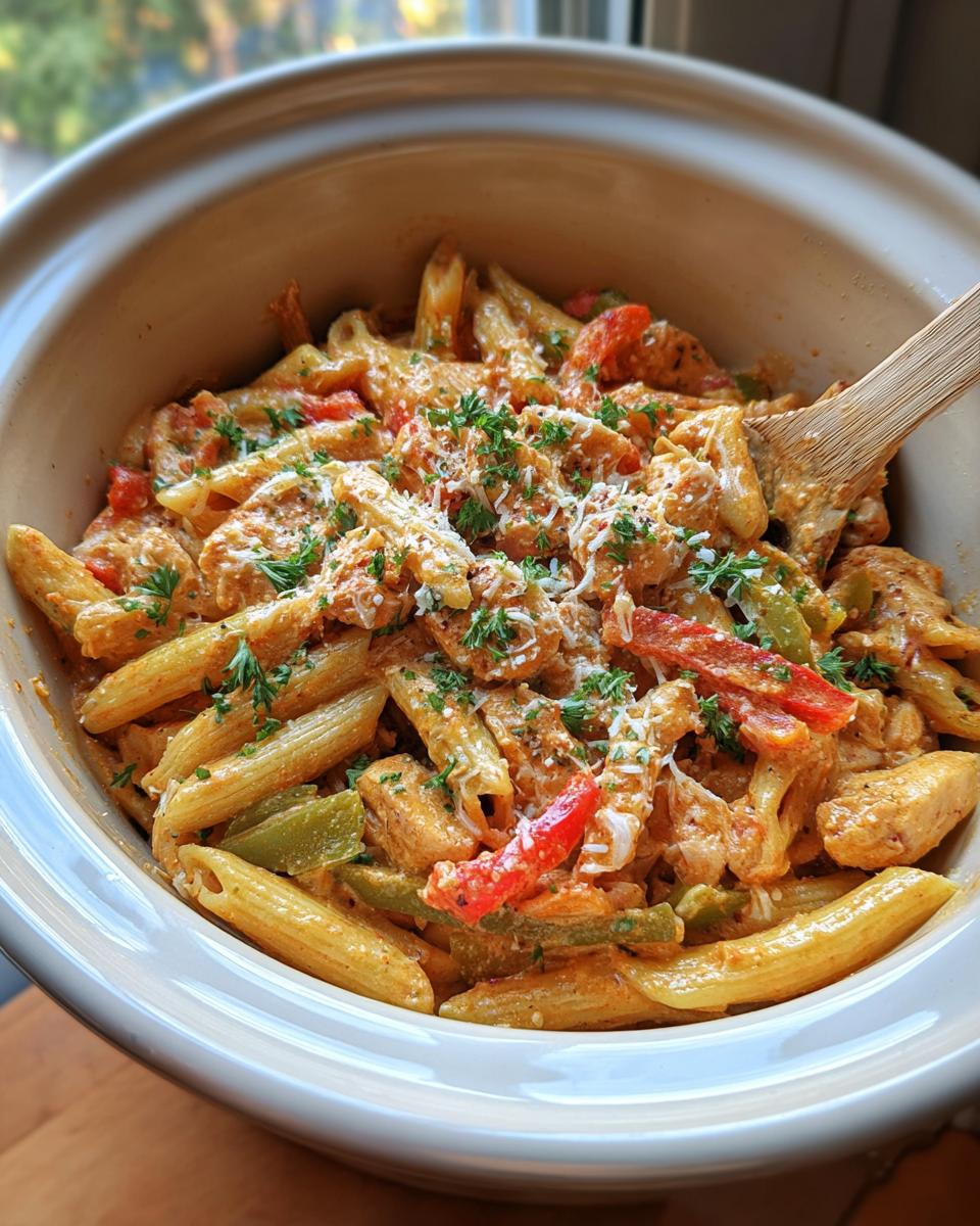 A close-up of Crock Pot Creamy Cajun Chicken Pasta with penne pasta, chicken, bell peppers, and herbs.