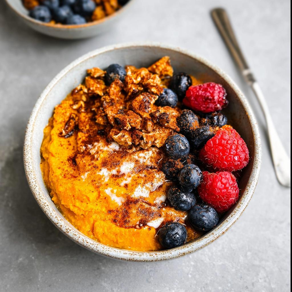 A close-up of a Delicious Sweet Potato Breakfast Bowl topped with blueberries, raspberries, and granola.