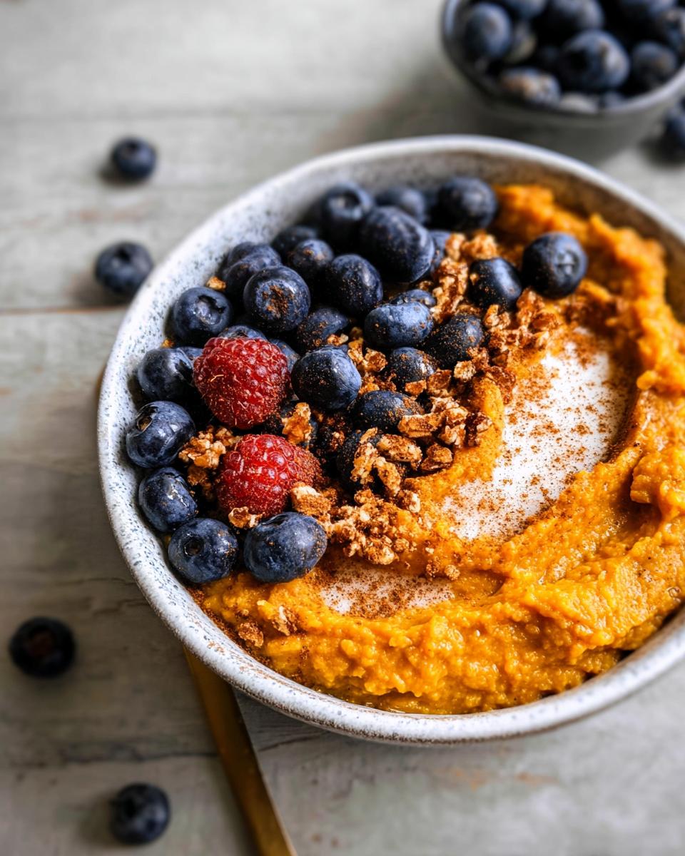 A Delicious Sweet Potato Breakfast Bowl topped with fresh blueberries, raspberries, and granola, dusted with cinnamon.