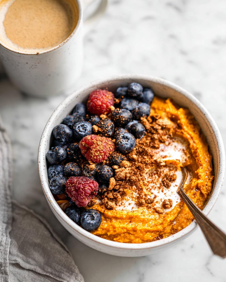 A Delicious Sweet Potato Breakfast Bowl topped with blueberries, raspberries, and a sprinkle of cinnamon.