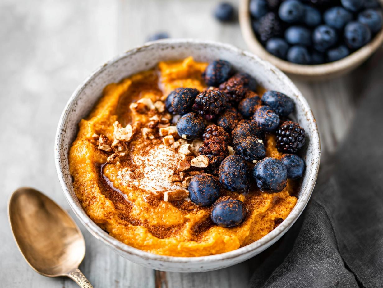 A Delicious Sweet Potato Breakfast Bowl topped with fresh blueberries, blackberries, nuts, and cinnamon.
