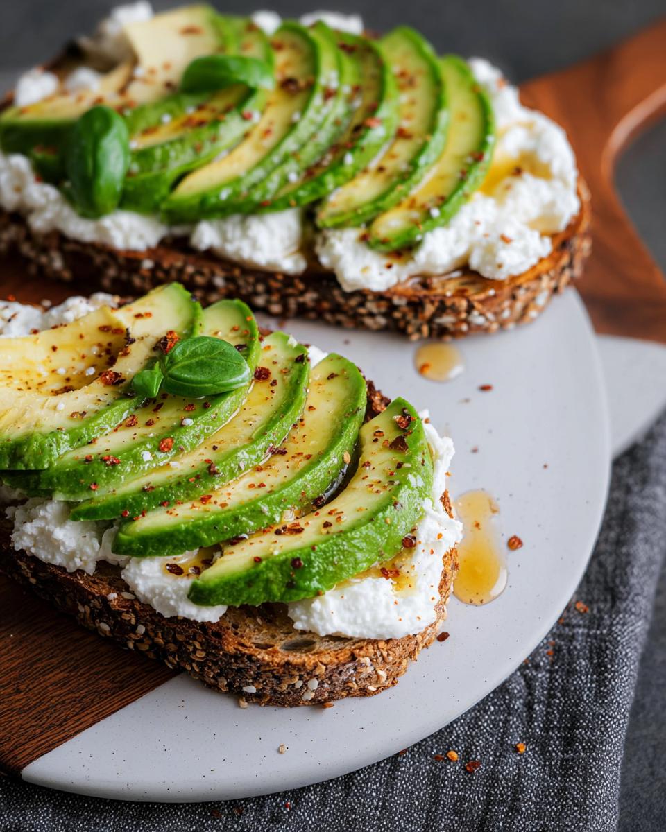 Close-up of two slices of EASY Avocado Toast with Cottage Cheese & Honey, topped with fresh avocado slices, cottage cheese, and drizzled with honey.