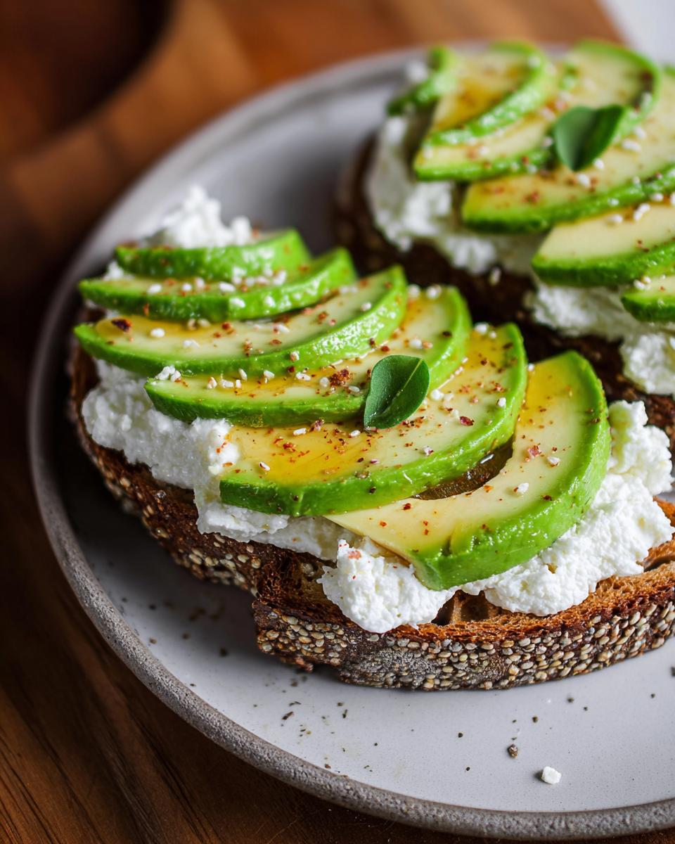 Close-up of EASY Avocado Toast with Cottage Cheese & Honey, topped with sliced avocado, cottage cheese, and drizzled with honey.