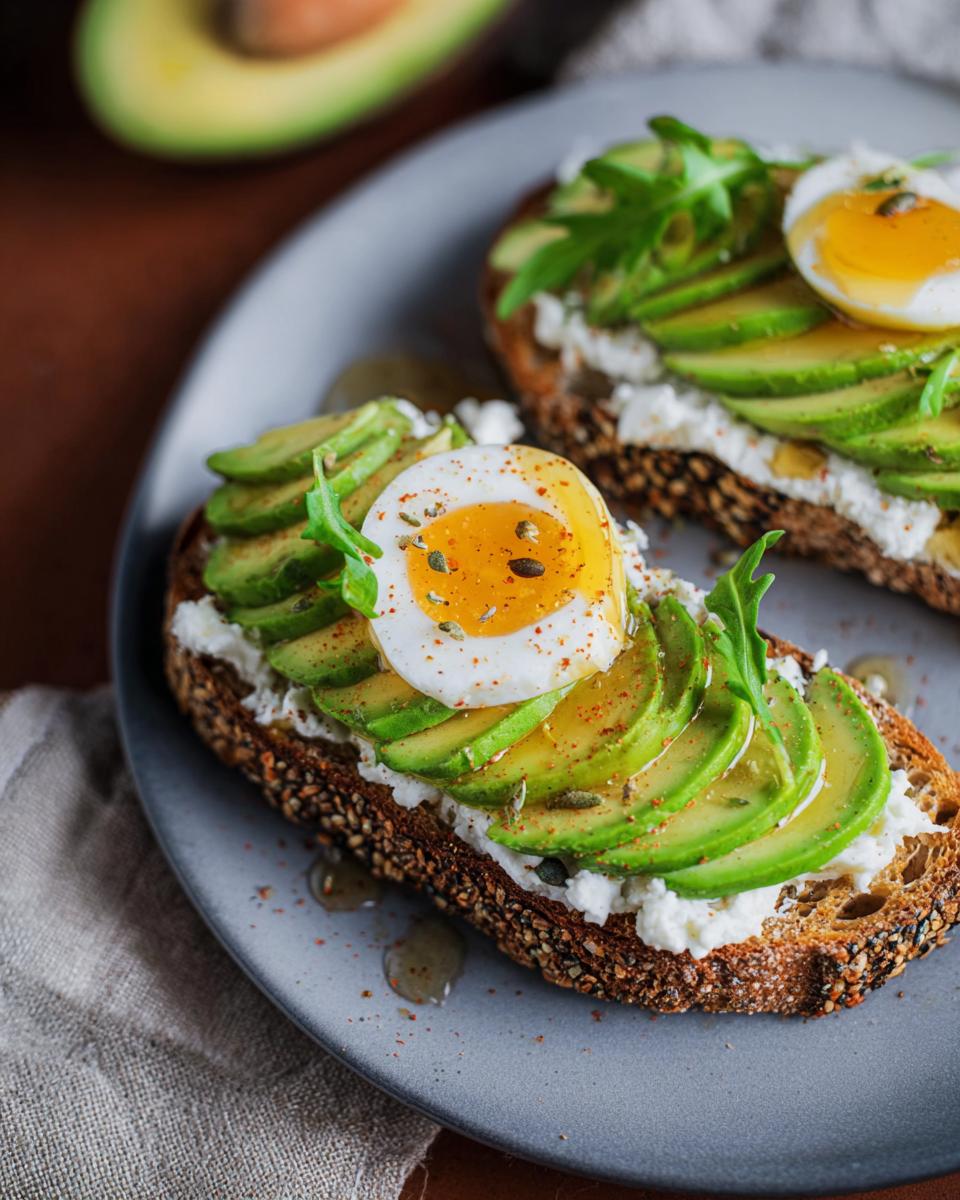 Close-up of EASY Avocado Toast with Cottage Cheese & Honey, topped with sliced avocado, a perfectly cooked egg, and greens.