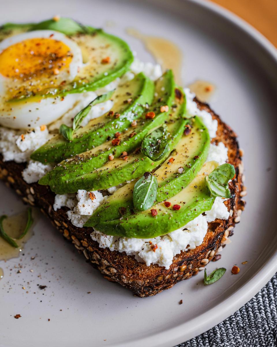 A close-up of EASY Avocado Toast with Cottage Cheese & Honey, topped with sliced avocado, a soft-boiled egg, and fresh herbs.