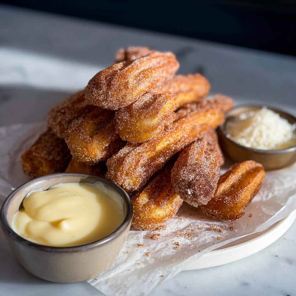 A pile of golden brown Easy Baked Churro Bites coated in cinnamon sugar, served with two dipping sauces.