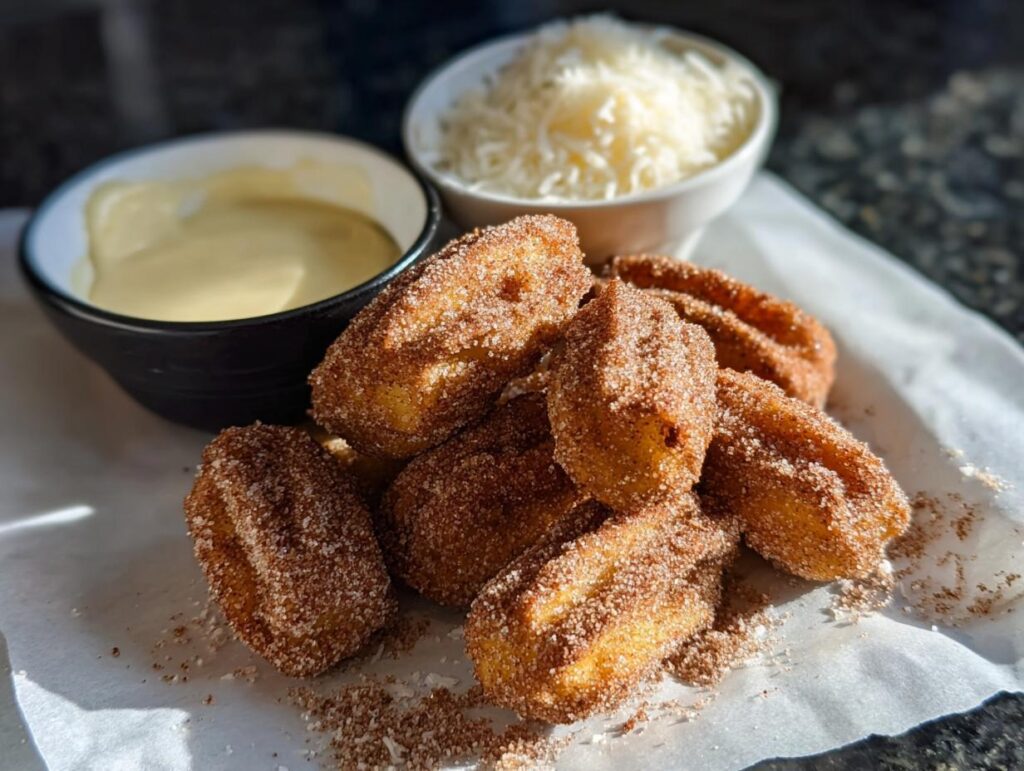A pile of golden Easy Baked Churro Bites coated in cinnamon sugar, served with a creamy dipping sauce.