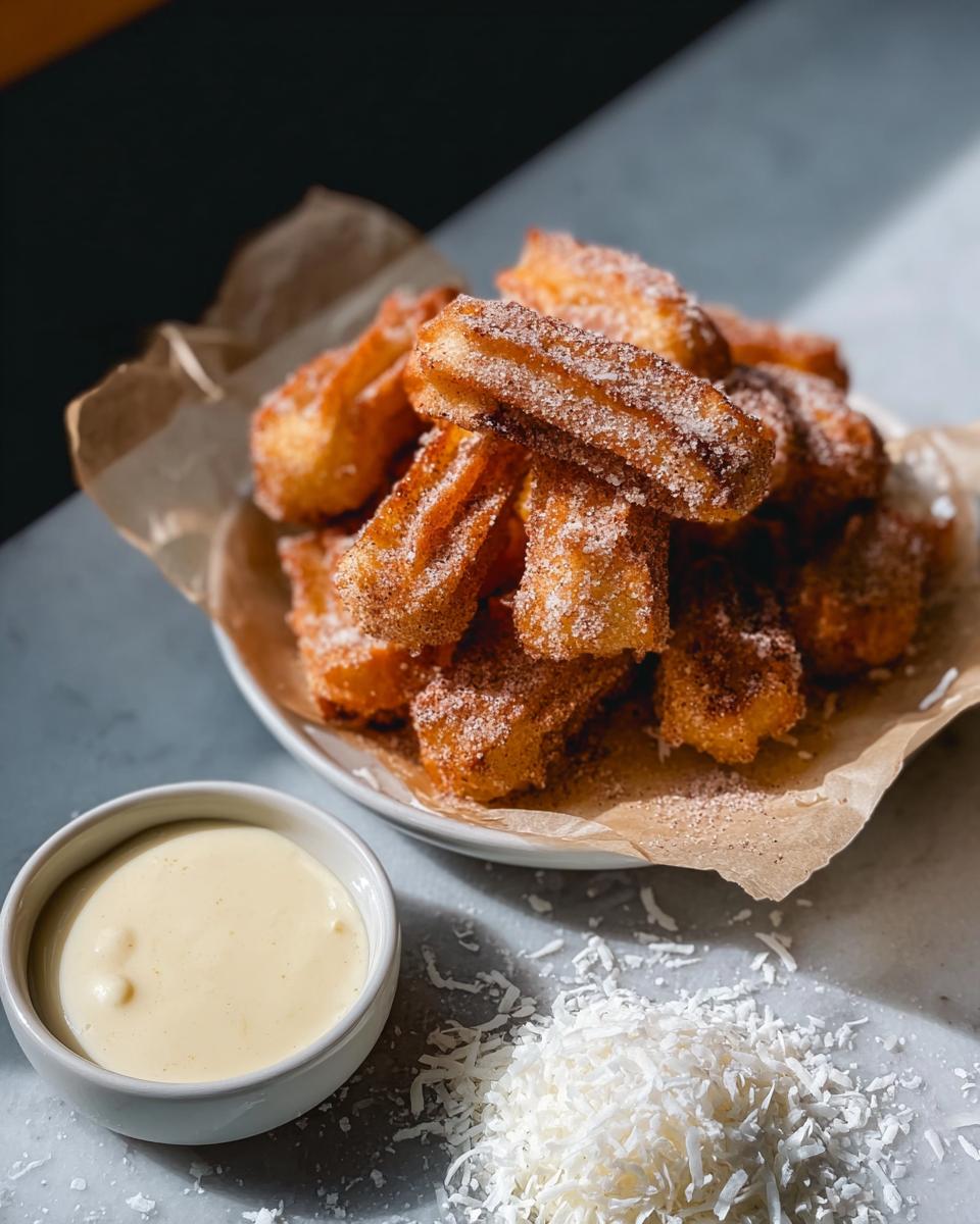 A pile of delicious Easy Baked Churro Bites coated in cinnamon sugar, served with a dipping sauce.