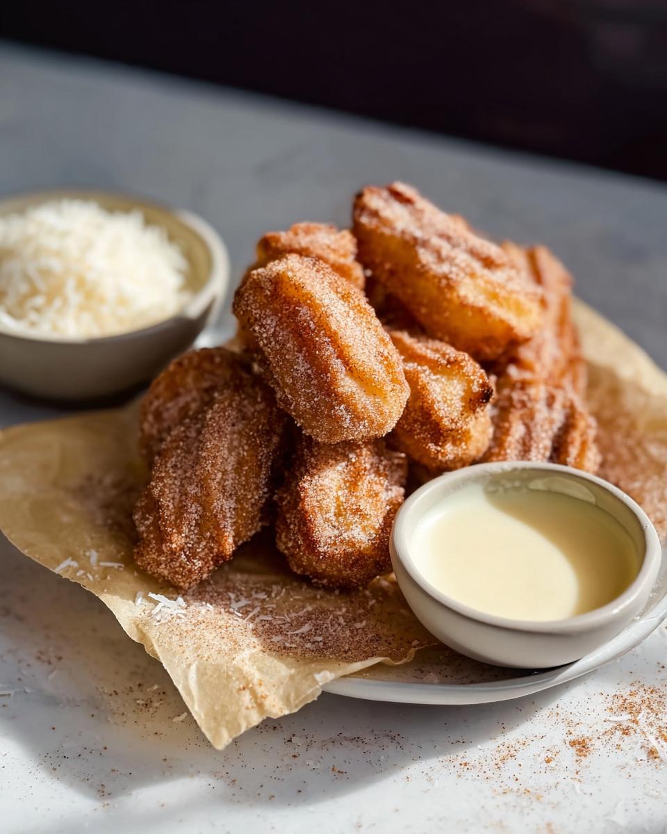 A pile of cinnamon-sugar coated Easy Baked Churro Bites with a small bowl of dipping sauce.