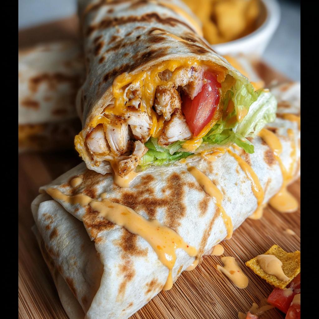 A delicious Easy Chipotle Ranch Grilled Chicken Burrito, cut in half to reveal chicken, lettuce, tomato, and cheese, drizzled with sauce.