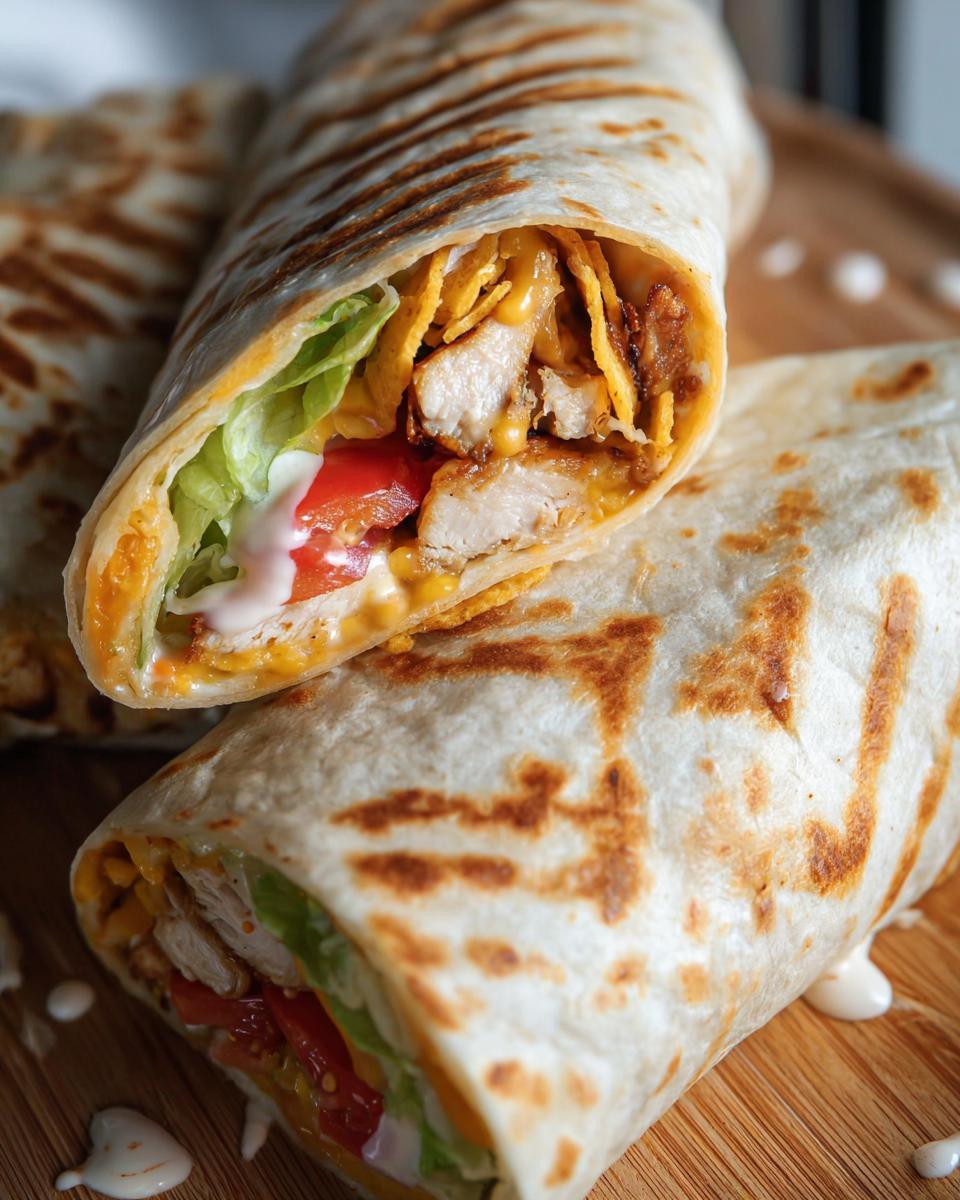 A delicious Easy Chipotle Ranch Grilled Chicken Burrito, cut in half to show chicken, lettuce, tomato, cheese, and sauce.