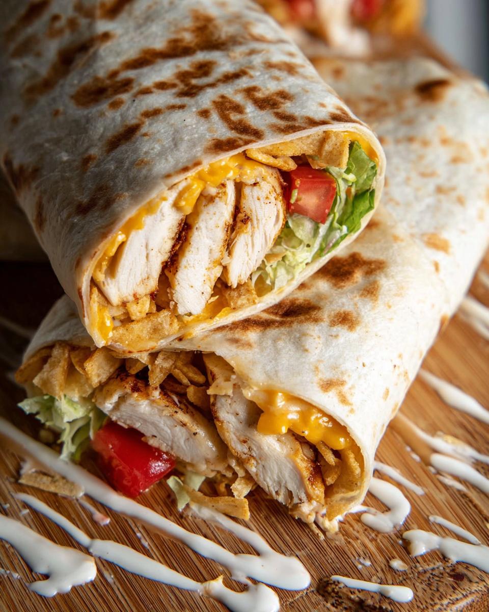 Close-up of an Easy Chipotle Ranch Grilled Chicken Burrito, sliced to reveal grilled chicken, cheese, lettuce, and tomato.