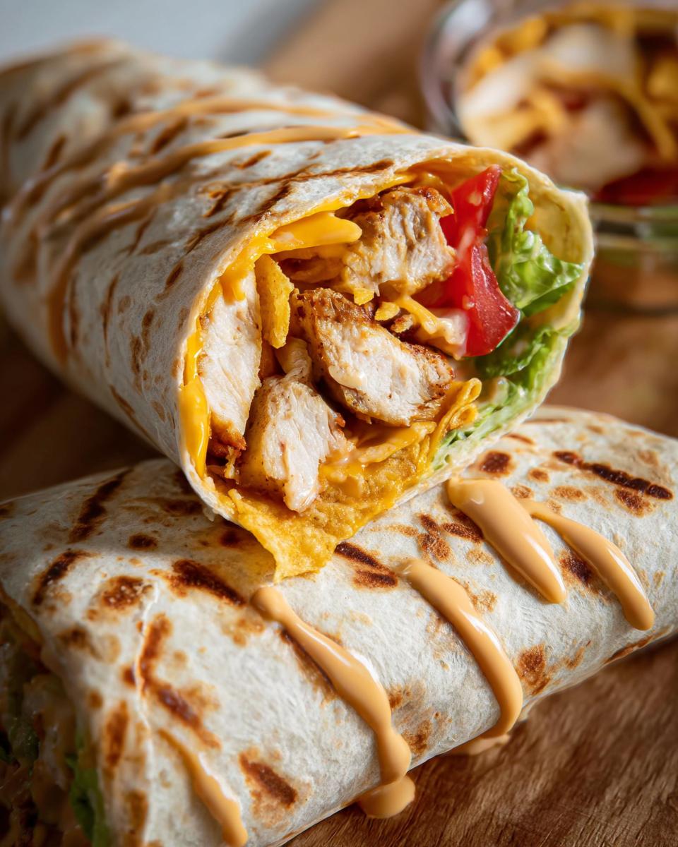 Close-up of an Easy Chipotle Ranch Grilled Chicken Burrito, filled with chicken, cheese, lettuce, and tomato, drizzled with sauce.