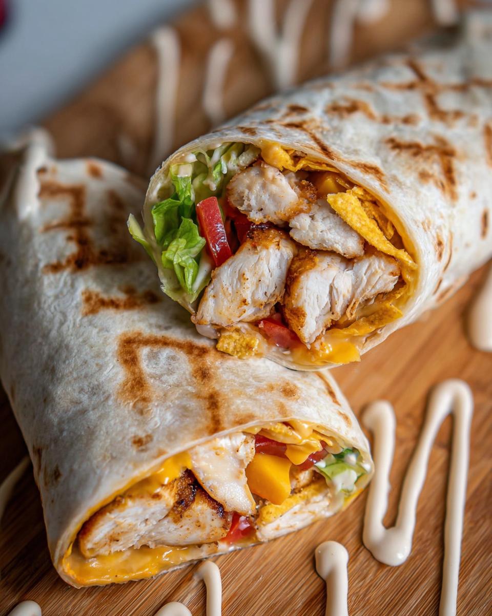 A delicious Easy Chipotle Ranch Grilled Chicken Burrito cut in half, showing grilled chicken, cheese, lettuce, and tomatoes.