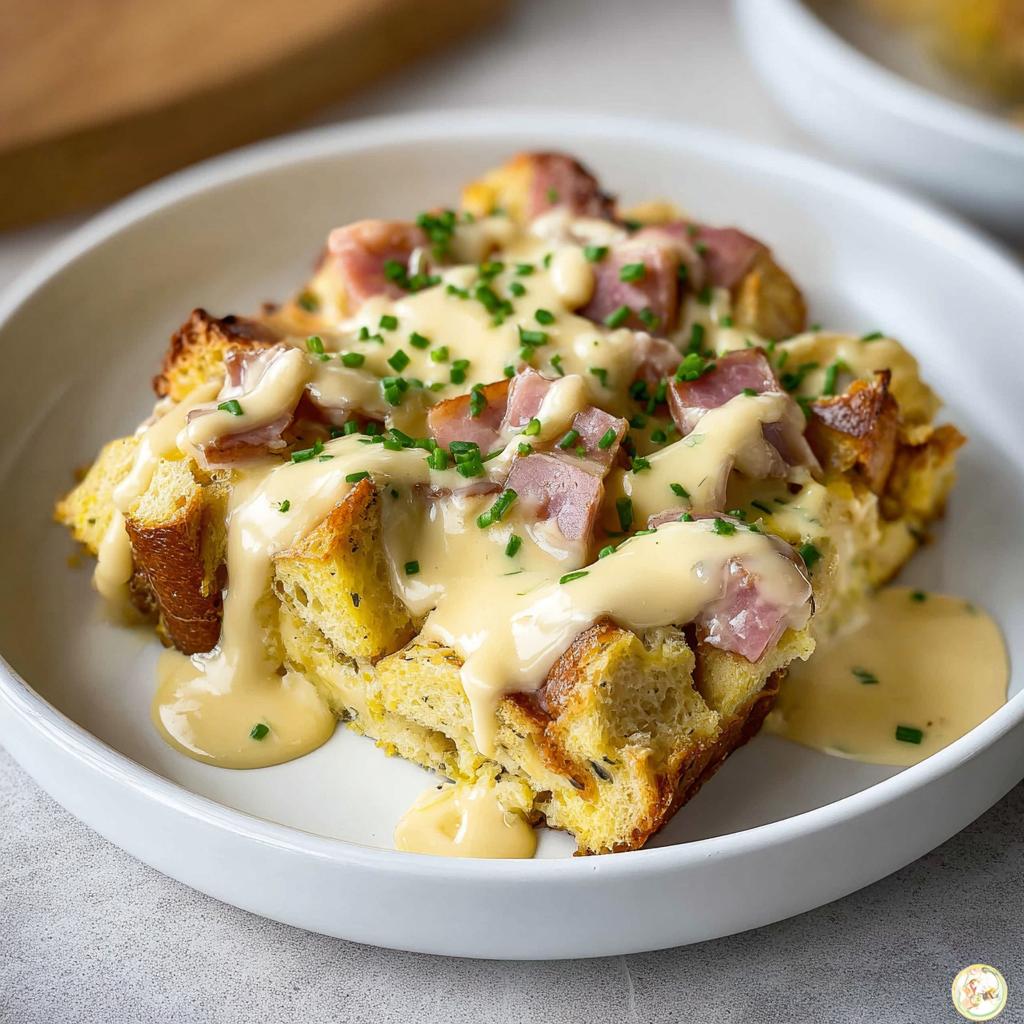 A delicious slice of Easy Eggs Benedict Casserole topped with ham, hollandaise sauce, and chives.