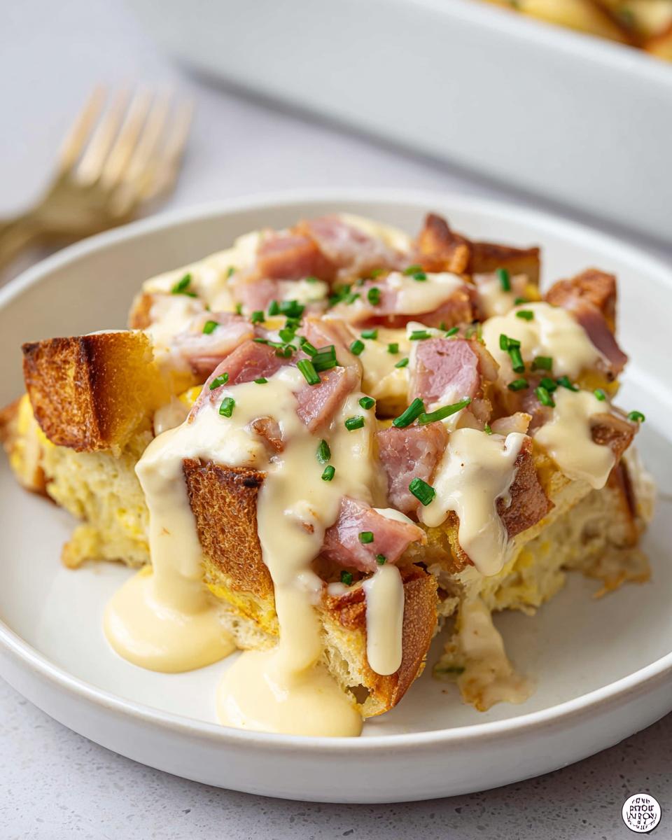 A delicious slice of Easy Eggs Benedict Casserole topped with ham, creamy sauce, and chives.