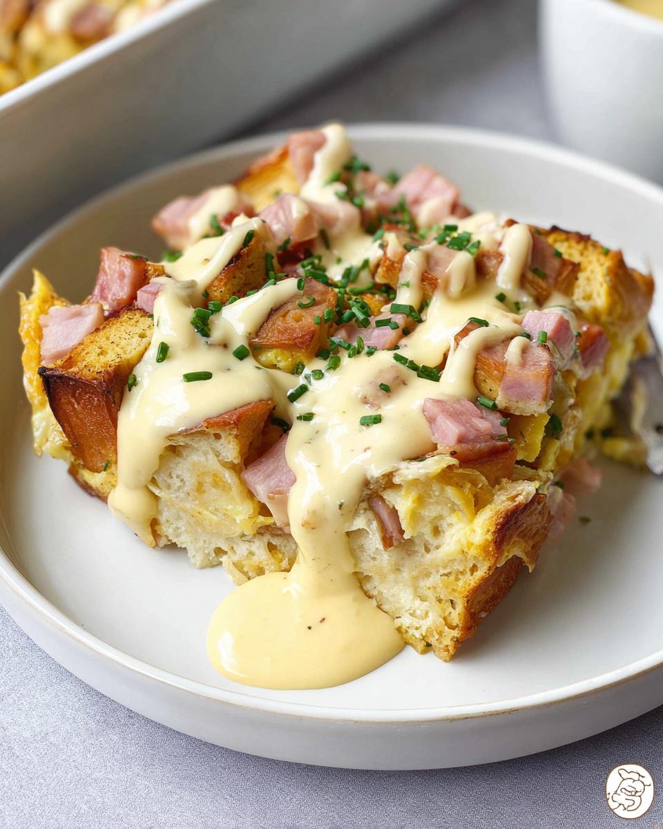 A delicious slice of Easy Eggs Benedict Casserole topped with ham, creamy sauce, and chives.