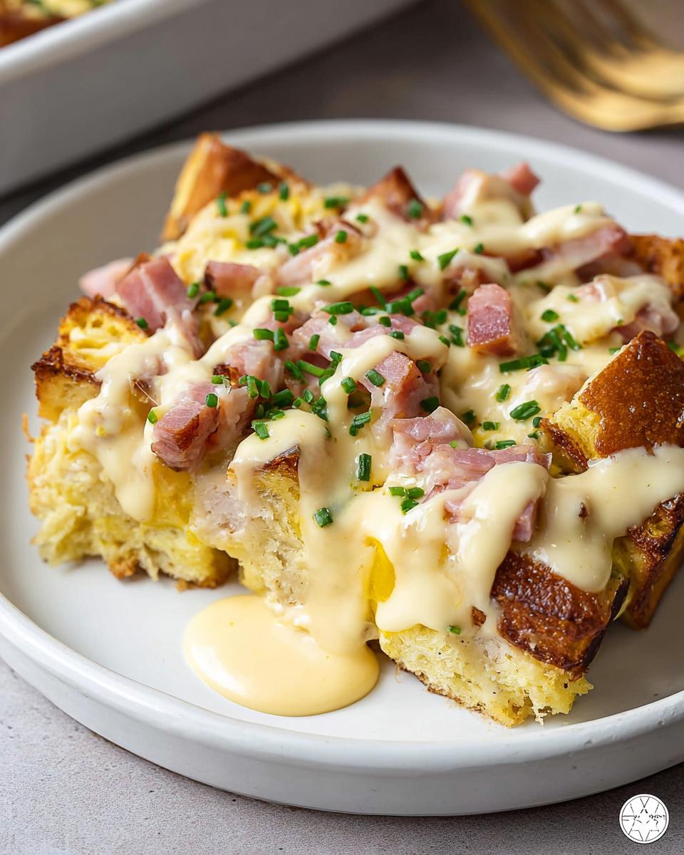 A delicious slice of Easy Eggs Benedict Casserole topped with ham, cheese sauce, and chives.
