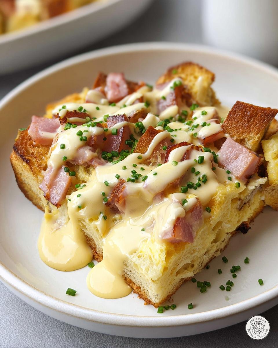 A delicious slice of Easy Eggs Benedict Casserole, topped with ham, crispy bacon, and creamy hollandaise sauce, garnished with chives.