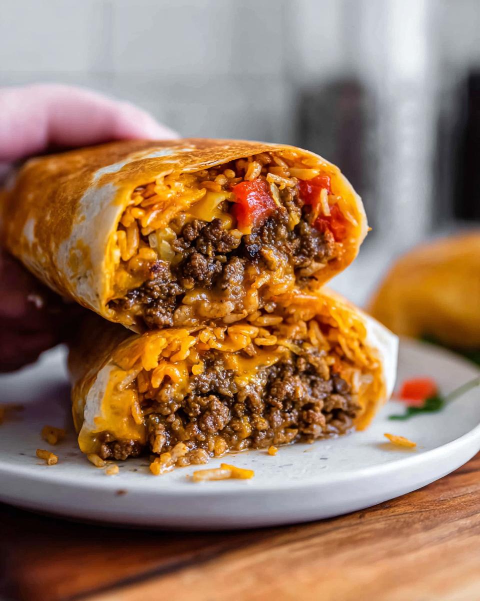 Close-up of a halved easy grilled cheese burrito copycat recipe showing seasoned ground beef, rice, cheese, and red peppers.