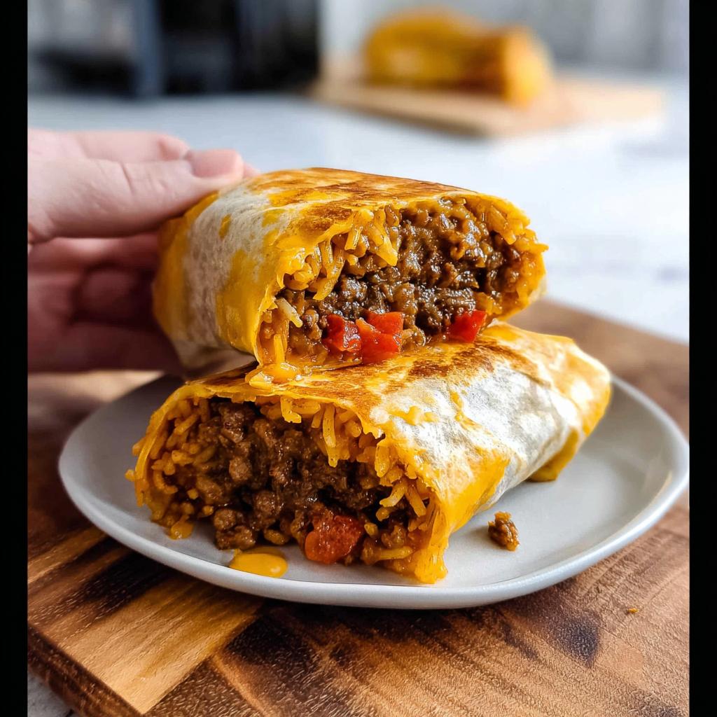 A close-up of an Easy Grilled Cheese Burrito Copycat Recipe, cut in half, revealing seasoned ground beef, rice, and diced tomatoes.