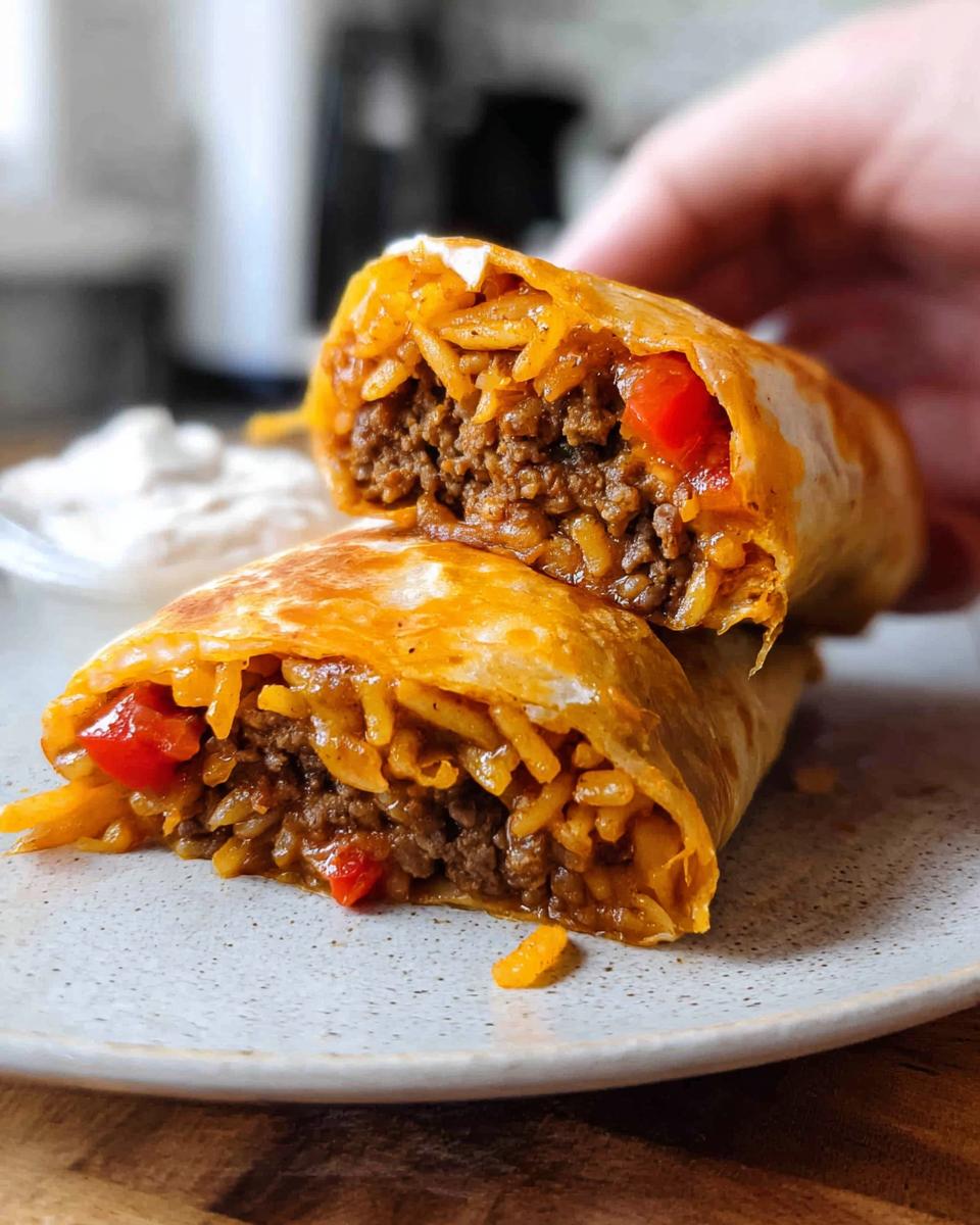 A close-up of a halved Easy Grilled Cheese Burrito Copycat Recipe, revealing a hearty filling of seasoned ground beef, rice, cheese, and red peppers.
