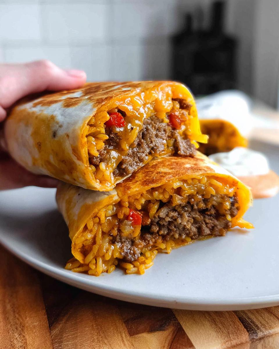 Close-up of a cut-in-half Easy Grilled Cheese Burrito Copycat Recipe showing seasoned ground beef, rice, and red peppers inside a golden-brown tortilla.