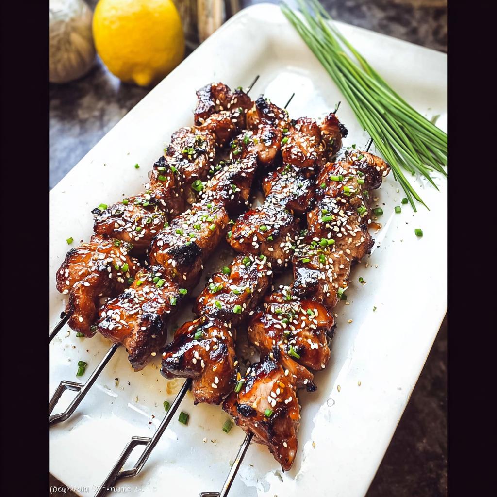 Close-up of Easy Japanese Chicken Yakitori Skewers glazed and sprinkled with sesame seeds and chives.