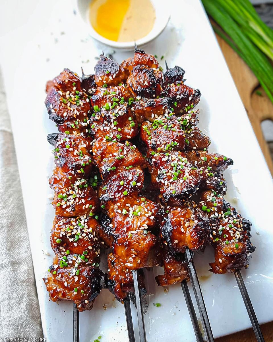 A platter of glistening Easy Japanese Chicken Yakitori Skewers, sprinkled with sesame seeds and green onions.