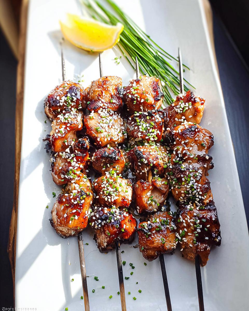 A platter of Easy Japanese Chicken Yakitori Skewers, glazed and sprinkled with sesame seeds and chives, served with a lemon wedge.
