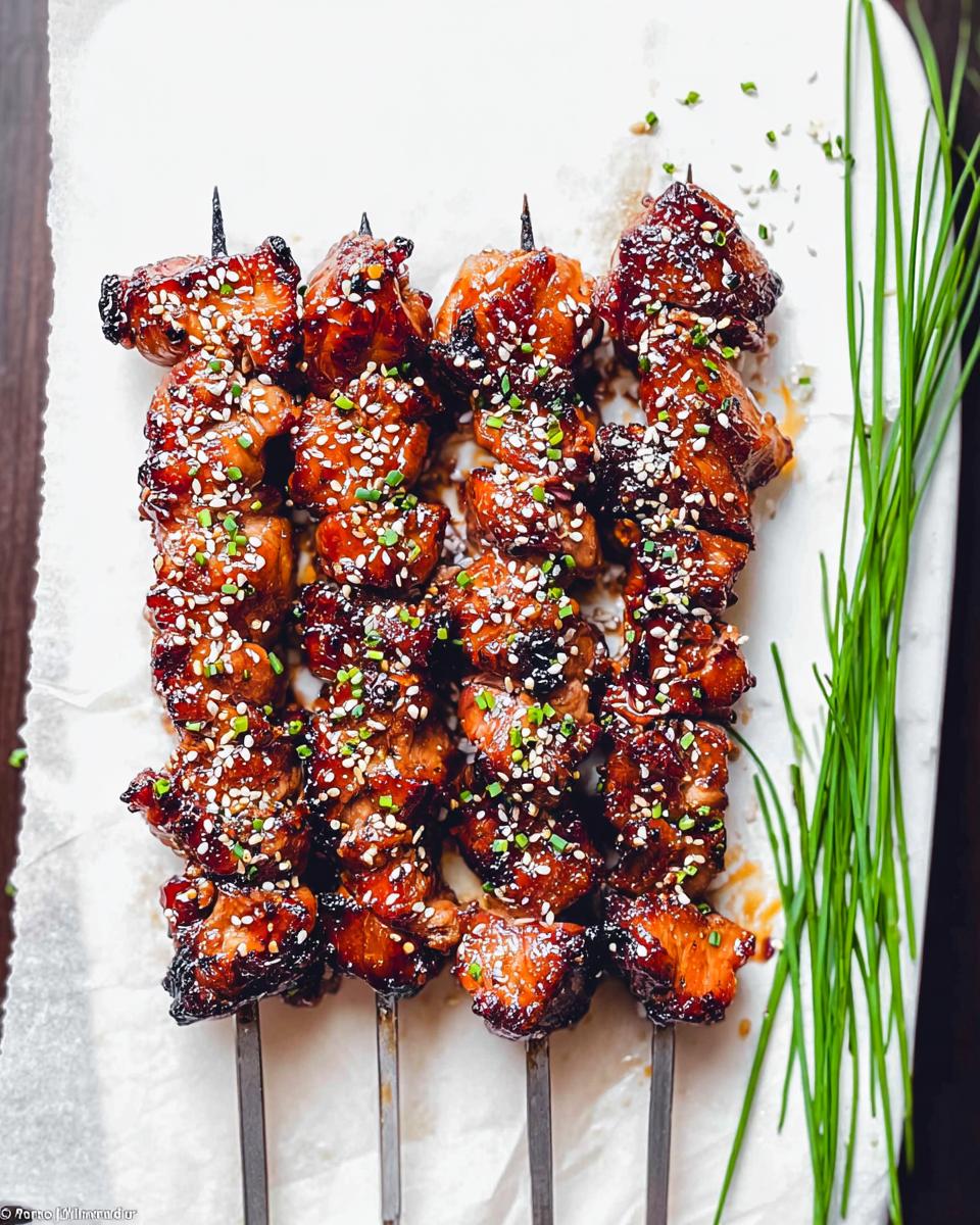 Close-up of glazed Easy Japanese Chicken Yakitori Skewers, sprinkled with sesame seeds and chives.