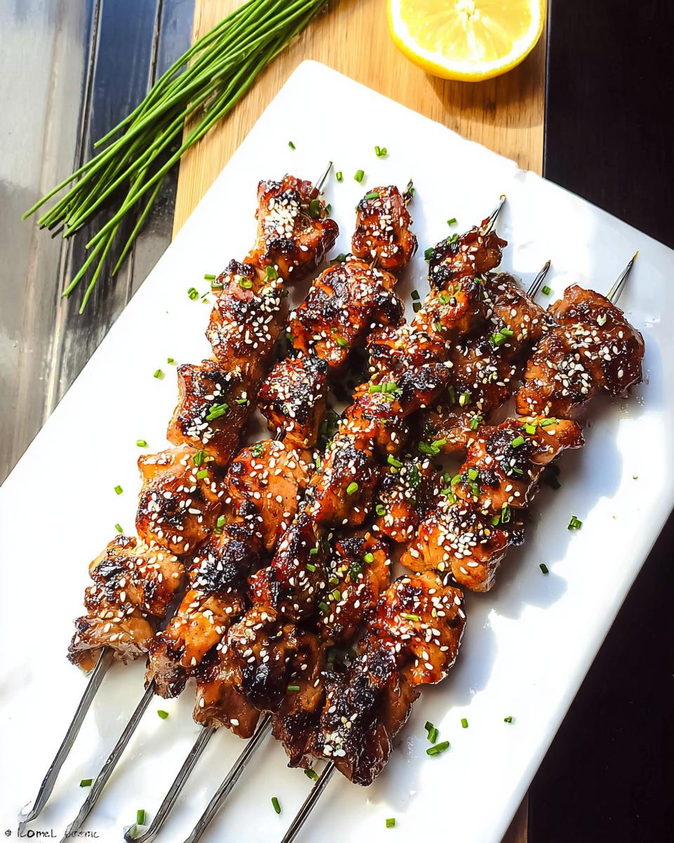 A plate of Easy Japanese Chicken Yakitori Skewers, glazed and sprinkled with sesame seeds and chives.