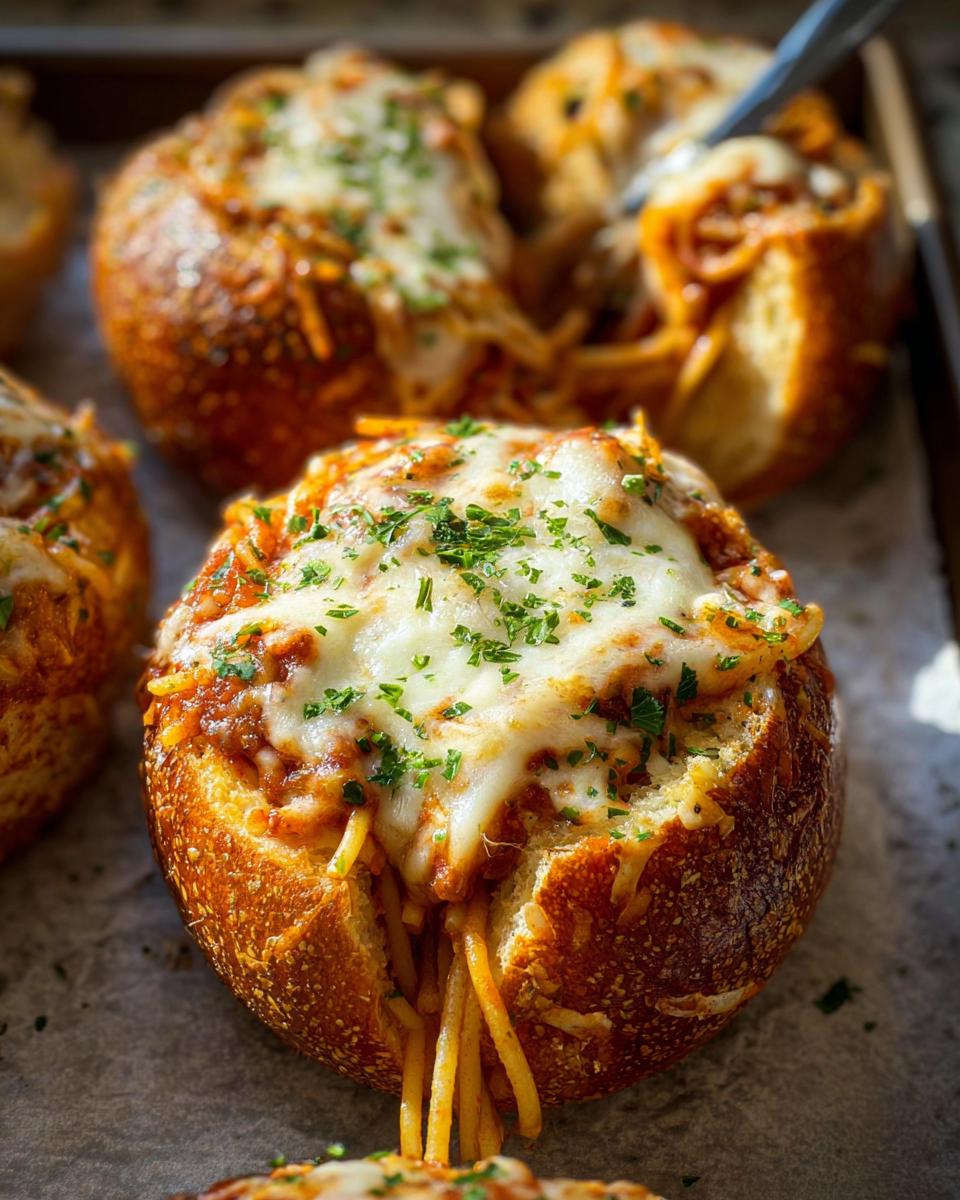 Close-up of an Easy Spaghetti Garlic Bread Bowl overflowing with spaghetti and melted cheese, topped with parsley.