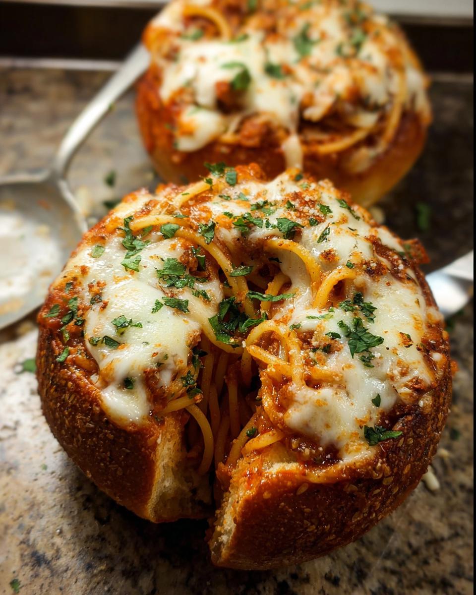 Close-up of an Easy Spaghetti Garlic Bread Bowl overflowing with spaghetti and topped with melted mozzarella cheese and parsley.