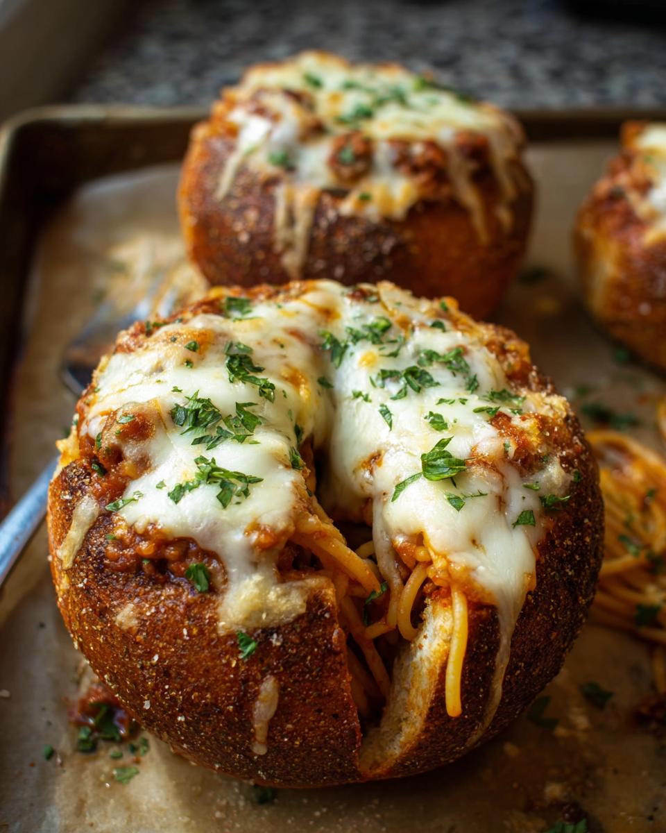 Close-up of an Easy Spaghetti Garlic Bread Bowl overflowing with spaghetti and topped with melted cheese and parsley.