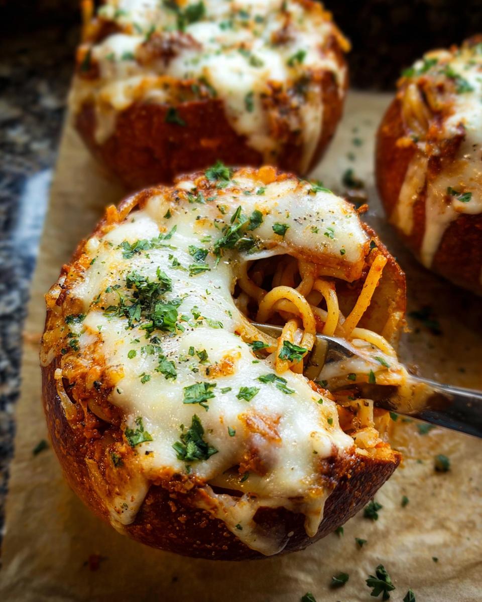 Close-up of an Easy Spaghetti Garlic Bread Bowl, filled with spaghetti and topped with melted cheese and parsley.