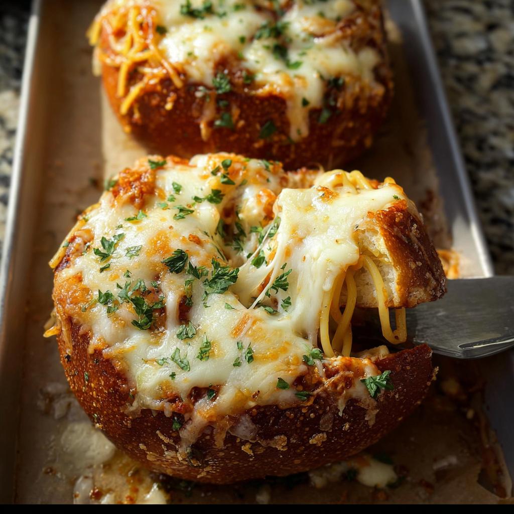 A fork pulling a cheesy strand from an Easy Spaghetti Garlic Bread Bowl, topped with fresh parsley.