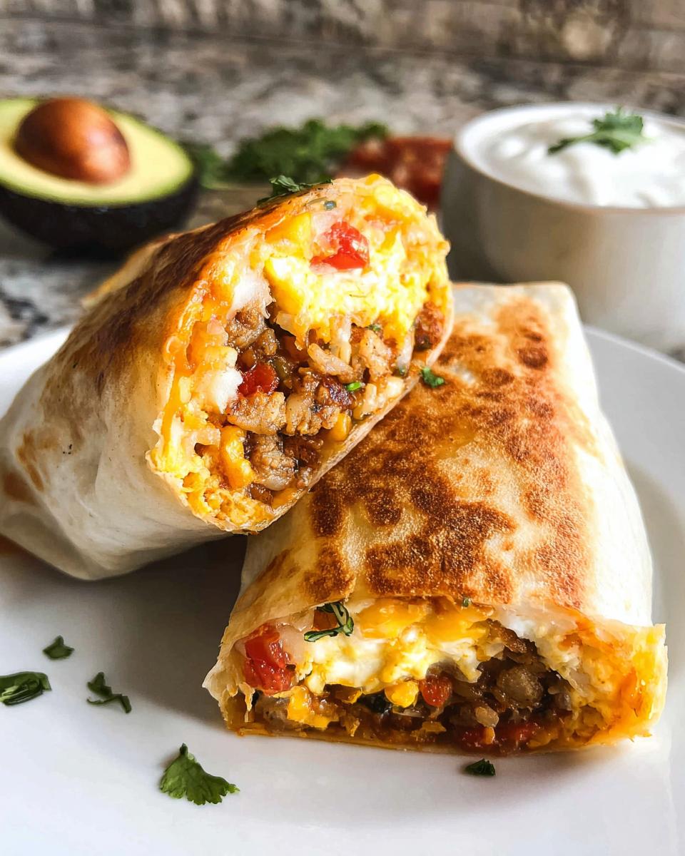 A close-up of two halves of a golden-brown, grilled breakfast burrito, revealing a filling of scrambled eggs, sausage, rice, and vegetables.
