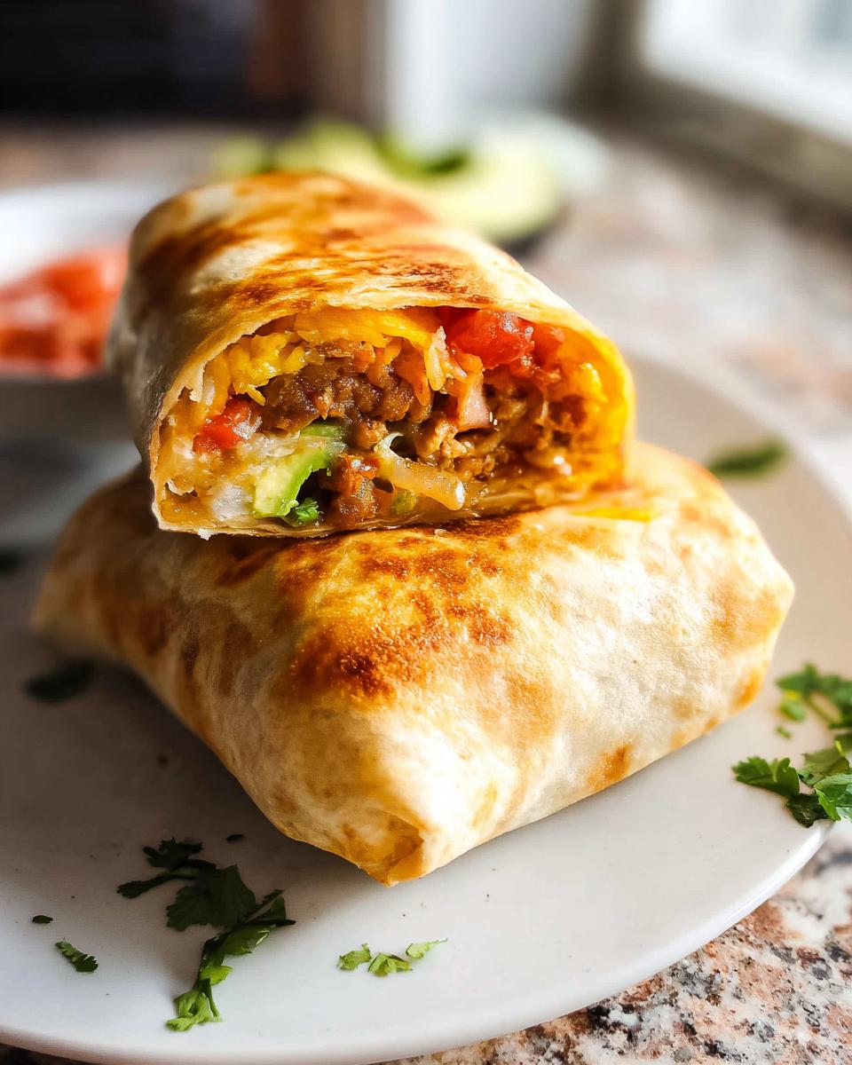 A close-up of two tasty freezer breakfast burritos, one cut in half to reveal the filling of eggs, cheese, and avocado.